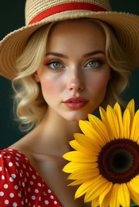 1girl,beautiful blonde woman,vintage retro hollywood pinup style,Slavic facial features,red dress with white polka dots,holding yellow sunflower,straw hat,dark watercolor background,aristocratic pose,extremely detailed eyes and face,long eyelashes,beautifu...