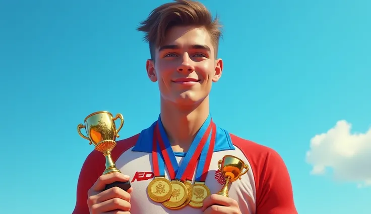 Multiple gold medals を首にかけ、 trophies、20-year-old youth、Russian、The background is blue sky、Tall young man、 showing wins and success 、Realistic、Realistic Skin、Multiple gold medals 