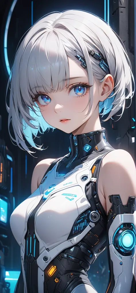 Ultra high resolution, rich colors, perfect image, top quality, detailed image, beautiful woman, glowing skin, skin and clothing texture, delicate eyes, bisque style, near-future cyber world, near-future cyberpunk suit,, silver bob hair, blue eyes