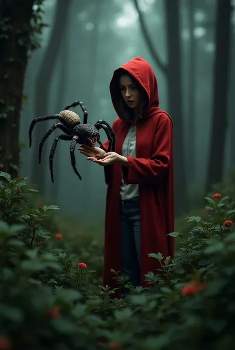 Spider biting Red Riding Hoods hand in front of some shrubs in the woods 