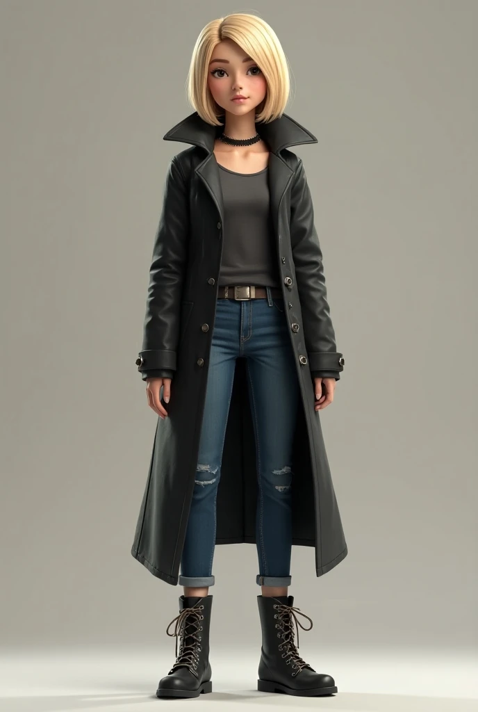 A character
An 18-year-old blond girl, with short, straight hair, black coat,  jeans and boots with laces and a chain, Make it animated 3D