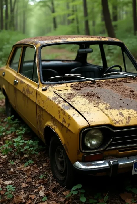  A Ford Fiesta Ghia 1 .A 1979 gold one ,  with the visible license plate A-0888-P ,  abandoned in the middle of a dense forest .  The car is in an advanced state of deterioration ,  with the body partially rusted and covered a thick layer of moss and veget...