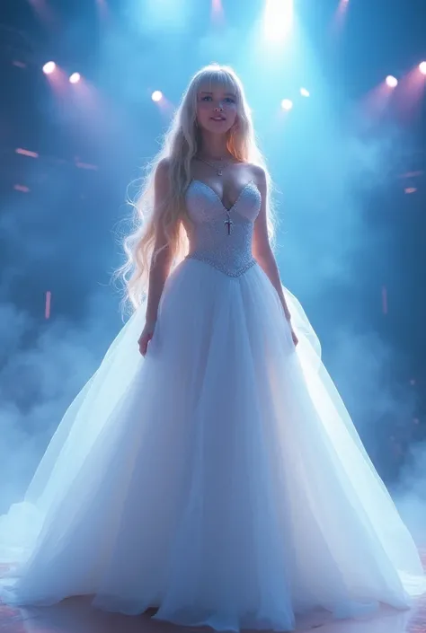 Disney Cinderella princess, light blue eyes, straight long blonde hair with bangs. 
She is very busty, curvy hourglass figure. Long flowy white ethereal dress. wearing a silver necklace with a cross pendant. She is on stage at a concert. Smoky fog, lights ...