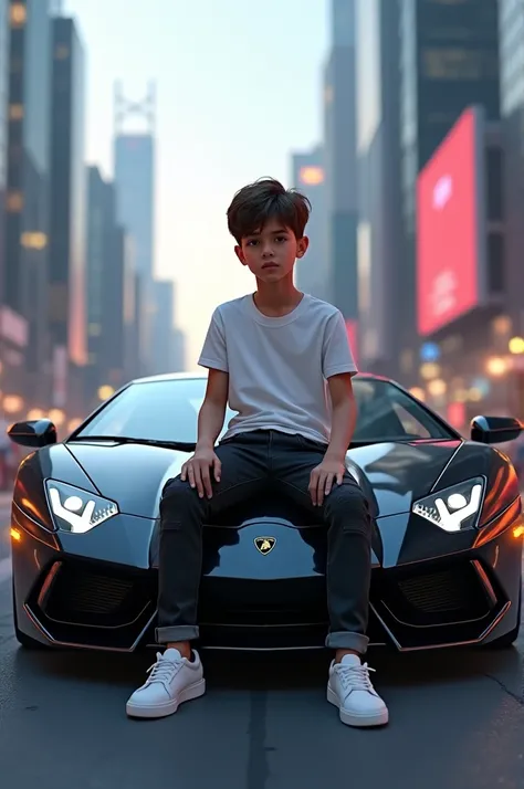 A boy sitting on a black lamborghini car and wearig white t shirt and its named Kaviya and wearing black patch denim and wearing white shoes ,background is cybercity