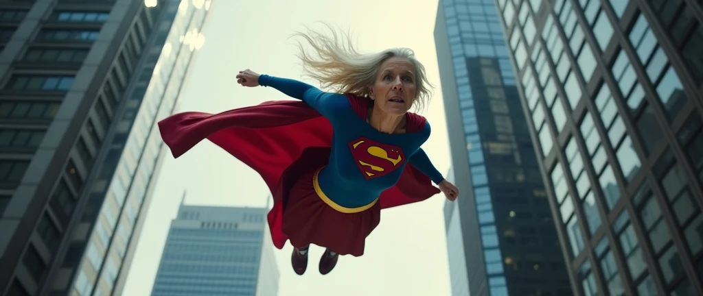 Supergirl 1984; Middle-aged Supergirl  (50 years old,  white-haired) flying between buildings,  holding a thug by the collar.