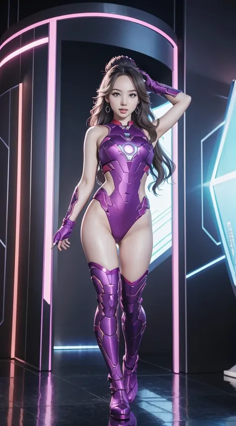 Full Body Photo. Standing in a full height. Studio Background. 8k HD good quality image. Nayeon from TWICE has an ideal body, sexy wavy body, straight long hair, wearing a Purple Full Iron Man suit from top to toes without the helmet. FULL BODY FROM HEAD T...