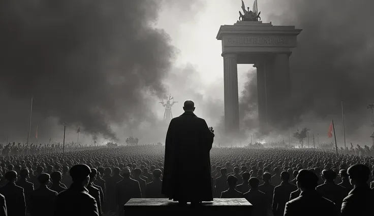 The background shows a blend of historical images like Nazi rallies and Hitler giving a speech. 