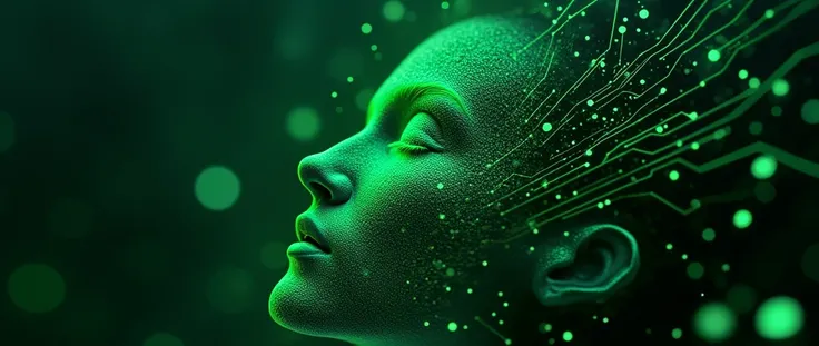 A captivating piece of digital art showcasing a small green fingerprint meticulously transformed into shape of human face, and technological and cyber elements like circuits, chip and tech innovations, an intricate masterpiece art for a cyber security bran...