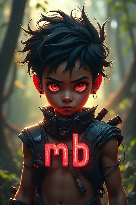 I want a logo which has a tribal boy or his eyes are red or his hair is hare or the boy should have advanced technology on his back or MB should be written on his front or it should have a little gaming look.