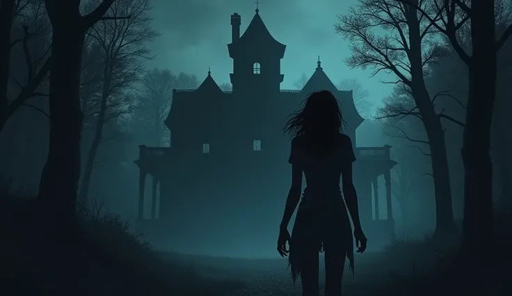  Animated image : A woman, breathing heavily, standing outside an old mansion at night. The dark forest surrounds her, and the mansion looms in the background, darker and more sinister than ever. She looks back at the mansion, knowing she barely escaped.