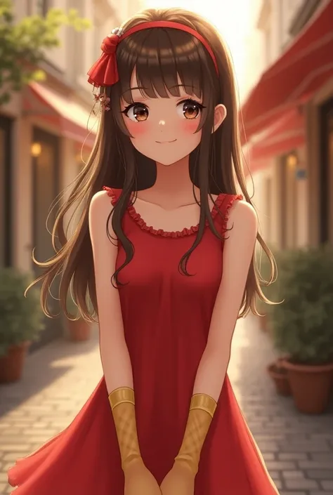  Isy A Beautiful Girl ,  white skin,  A Little Long Loose Brown Hair With Fringe On The Forehead ,  Black Eyelashes And Brown Eyes , Pink Cheeks , red sleeveless dress,  Transparent Yellow Half Socks with Miraculous Animation and is , with a sweet smile, s...