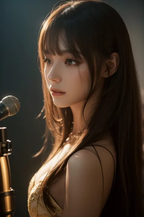 A beautiful female singer in a studio, singing and composing music with the aid of AI, long flowing hair, elegant dress, serene expression, dramatic lighting, cinematic atmosphere, low key color palette, diffused glow, dramatic shadows, highly detailed, aw...