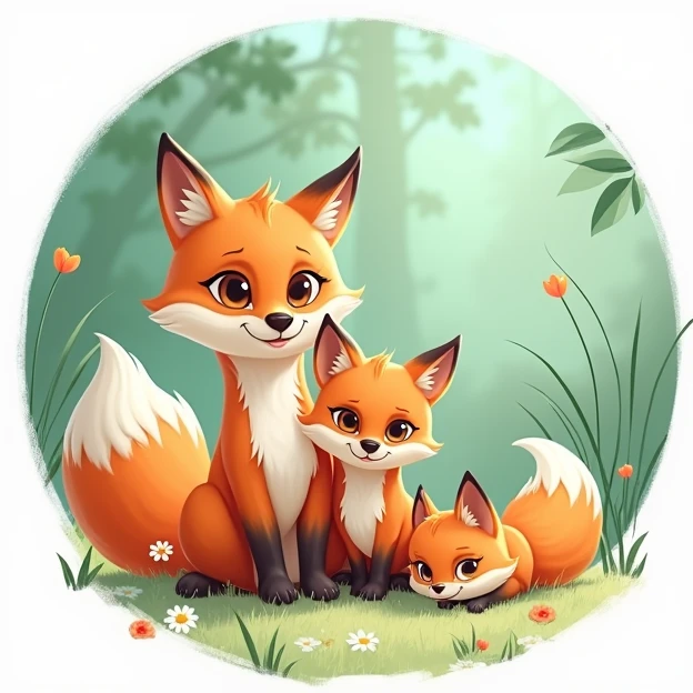 A mother fox with two of her babies, sitting. 