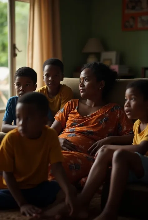 An Angolan woman lying on the chair  ,  with 3 boys while watching soccer game