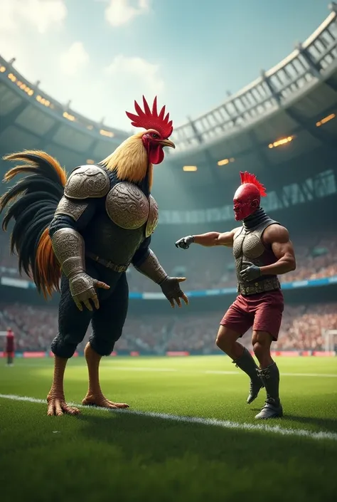 Muscular rooster with armor duel against one-legged man and red muscular hat with armor on the soccer stadium 