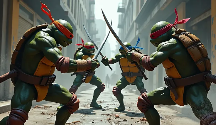 The turtles engage in a realistic, intense battle with Foot Clan ninjas in a narrow alley. Leonardo clashes swords with a ninja, while Raphael is brawling aggressively. Donatello uses his bo staff for defense, and Michelangelo is flipping through the air. ...