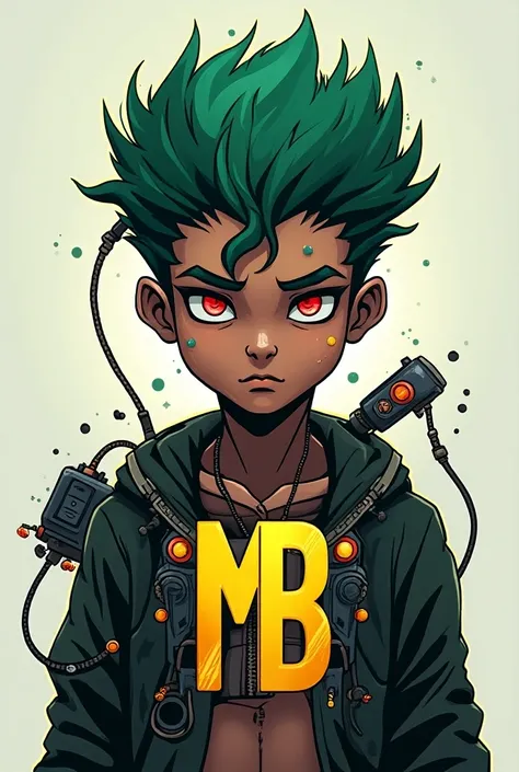 I want a logo which has a tribal boy or his eyes are red and his hair is green  the boy should have advanced technology on his back or MB in capital format should be written on his front or it should have 