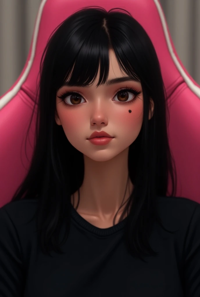 A 25-year-old woman 
This woman has straight black hair with no waves 
This woman has a mole near her mouth on the right side of her nose 
This woman is wearing a basic black sweater 
Sitting in a pink gamer chair with white details 
That woman is Brazilia...