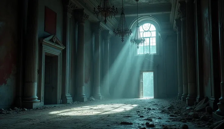 Prompt: The grand hall of the ancient palace, vast and shadow-filled. The ceiling is high, with broken chandeliers hanging precariously. The floor is covered in dust and broken pieces of marble, and long-forgotten tapestries hang from the walls, faded and ...