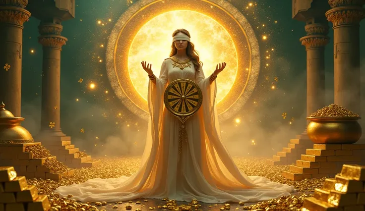  Create an ULTRA REALISTIC image that CONVEYS DEPTH of the goddess of fortune in the center of the scene blindfolded and holding a golden cornucopia spinning the Wheel of Fortune. In the background, a cosmic portal opens, revealing light and energy. Around...