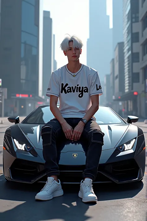 A 22 years old boy is sitting on a black aventador car and he wearing white jersey .The jersey name is Kaviya,he wearing black patch denim and white shoes,his hair is straight and color is white,background is cybercity