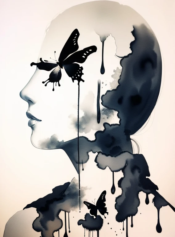 (Double exposure),1girl,white background,(solo),( ink painting),dripping,(butterflieasterpiece,best quality