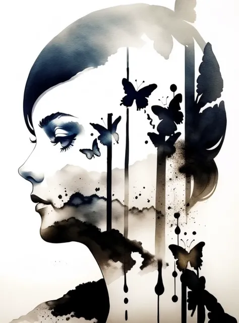 (Double exposure),1girl,white background,(solo),( ink painting),dripping,(butterflieasterpiece,best quality