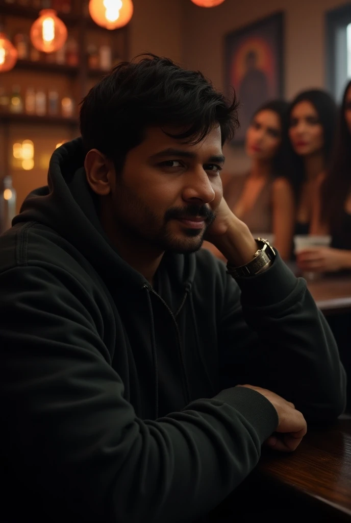 Ram gopal varma sitting on a bar and drinking vodka and he wear men hoodie and jeans and black hairs with no beard with middle of beautiful womens 