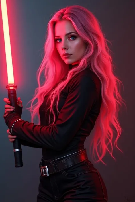 hyper realistic, full body,  A gothic style girl ,  blue eyes pierced nose ,  long pink hair , with a hyper realistic red neon lightsaber , In combat pose sith , perfect body, that shows all her perfect body