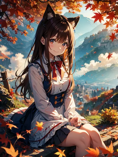 Best Quality、autumn、Alice in Wonderland、Shortcuts、anime、smile、Brown Hair, Spectacular views