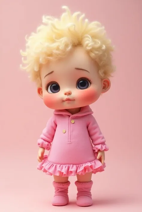 A white baby with short blond full body hair wearing pink clothes