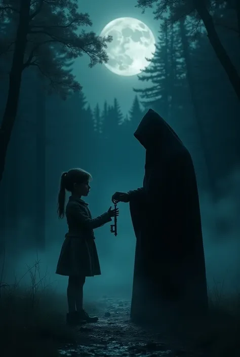 Create an image of a mysterious night in a small village near a dense forest. A young girl, Ria, around , is standing at the edge of the forest holding a small flashlight. In front of her stands a tall, shadowy figure wearing a long black cloak with a hood...