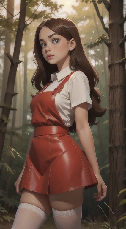   Cute young beautiful curvy schoolgirl Soviet pioneer,  beautiful cute teen face , red leather skater pinafore dress ,  transparent white blouse , brunette long hair,  beautiful eyes. stockings,  Sneakers, Soviet schoolgirl - standing in the woods ,   pho...