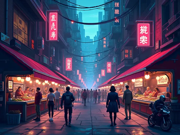 IMG_2384.CR2: (Cyberpunk street market) in ((pixel art)), bustling with vibrant (16-bit and 8-bit characters) interacting in a futuristic environment. (Robotic vendors) operate stalls with intricate mechanical parts, while glowing (holographic signs) in ne...