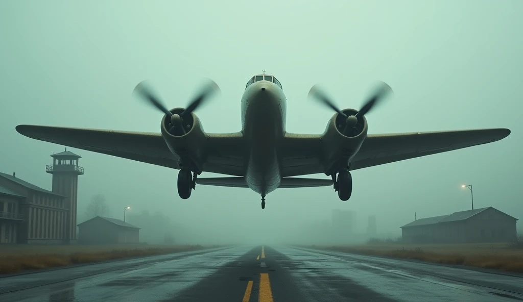 A vintage airplane taking off into the fog from the haunted airport’s runway