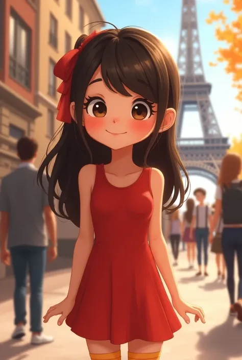  Isy A Beautiful Girl ,  white skin,  A Little Long Loose Brown Hair With Fringe On The Forehead ,  Black Eyelashes And Brown Eyes , Pink Cheeks , red sleeveless dress,  Yellow Half Transparent Socks On The Legs And With The Animation Of Miraculous Ladybug...