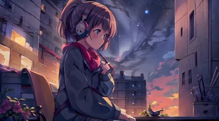 someone sits alone on top of a building ,  watching the sky change cores as the sun sets. in the background, play soft ,  music ...