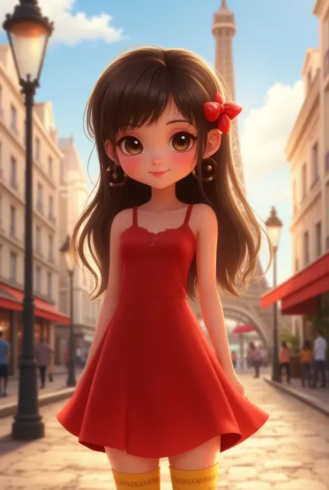  Isy A Beautiful Girl ,  white skin,  A Little Long Loose Brown Hair With Fringe On The Forehead ,  Black Eyelashes And Brown Eyes , Cheeks 1Rosa , red sleeveless dress,  Yellow Half Transparent Socks On The Legs And With Miraculous Ladybug Animation And I...