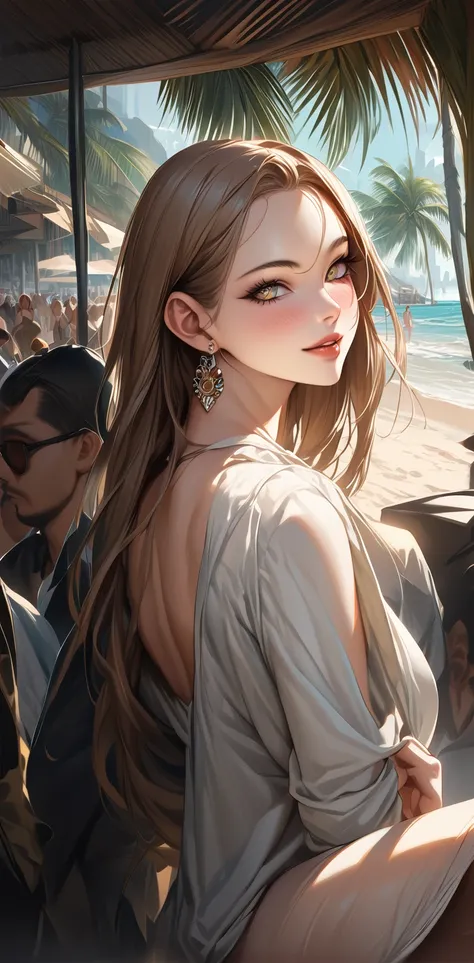 A beautiful young woman with detailed eyes, long eyelashes, and a sexy evocative smile stands on a beach, wearing a white shirt, pantyhose, and earrings. She has shiny skin, a slight blush, and skin indentation. The scene includes palm trees and a crowd in...