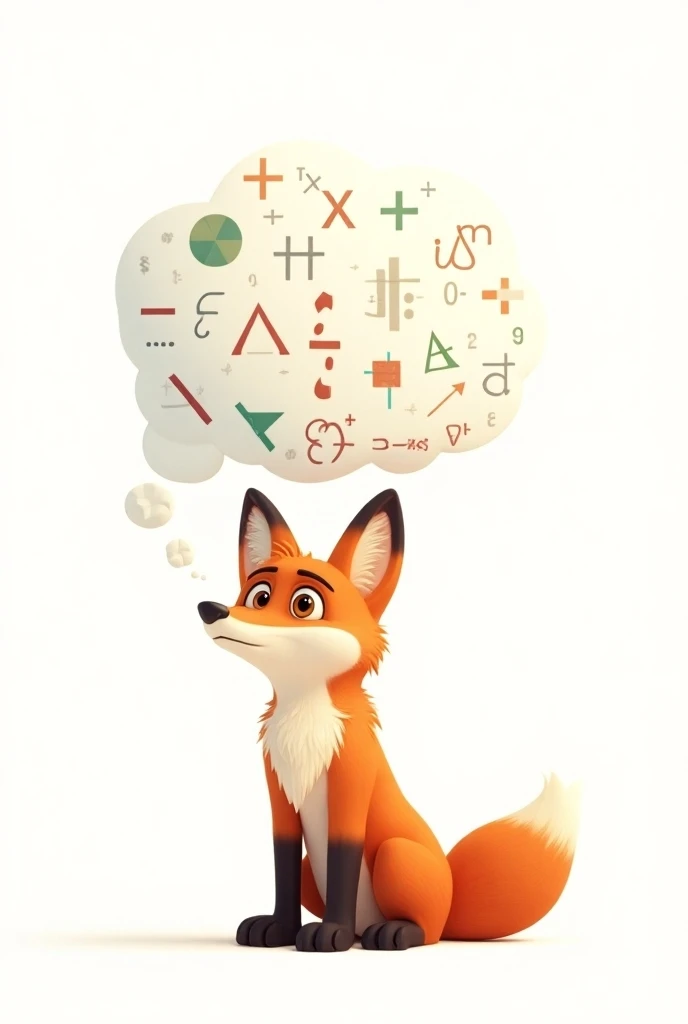 Make an animated fox with a bubble and have mathematical thoughts in the bubble with a totally white background