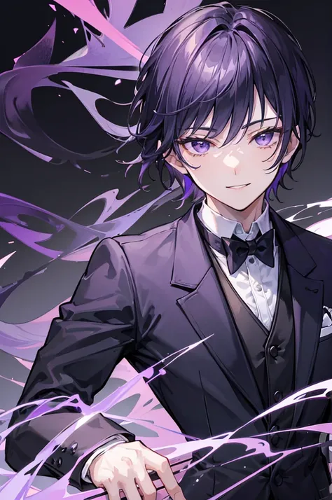 Young man, dark purple short hair, purple eyes, smile face, black suit, handsome man, cool boy, white mansion background with rose garden, close up