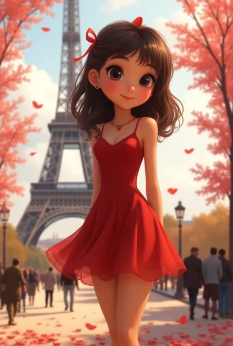  Isy A Beautiful Girl ,  white skin,  A Little Long Loose Brown Hair With Fringe On The Forehead ,  Black Eyelashes And Brown Eyes , Cheeks 1Rosa , red sleeveless dress,  Yellow Half Transparent Socks On The Legs And With Miraculous Ladybug Animation And I...