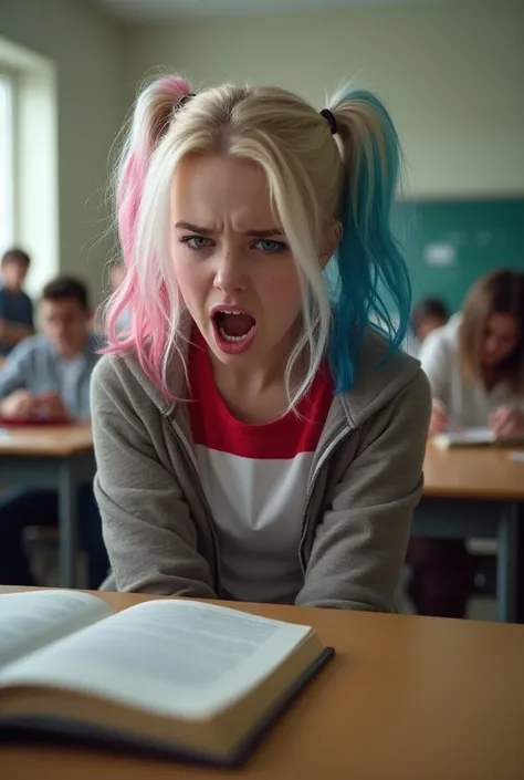  high detail ,   realistic, 
HDR,  Super clearly , 5D, 1800K , Ultra HD, High-Dynamic Range + Low Noise,  Little Harley Quinn hair half pink half blue student, in class with students ,  she is standing at her desk in anger, hitting her textbook with anger ...