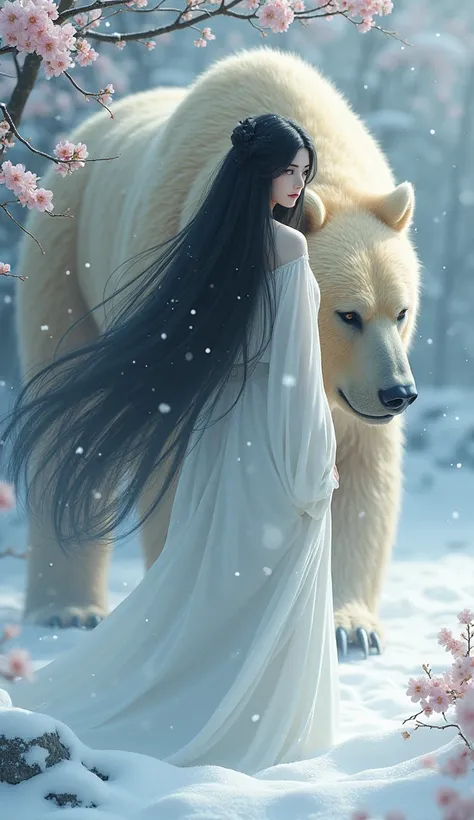 Woman with long black hair,So that your whole body can be seen,The background is a snowy landscape, The sharp gaze of the Yuki-onna, Pure white skin, 🌺 CGSociety,  Gweiz-style artwork, [  HUGE GOLDEN BEAR   ]!!,  FANART BEST ART STATION, cgsociety - w 1 0 ...