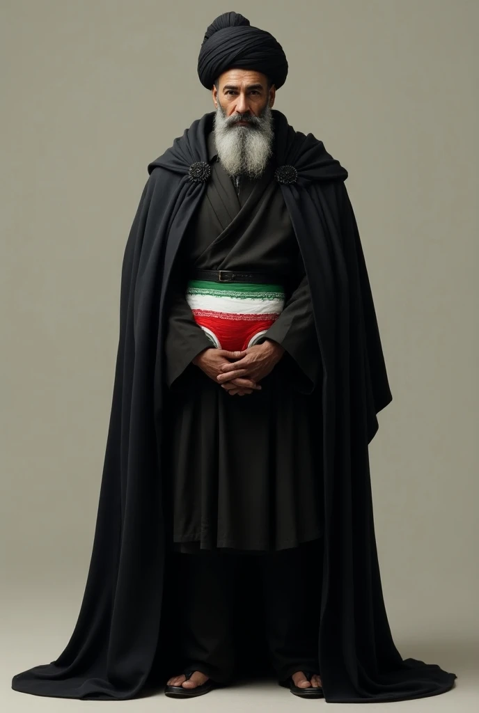 An Iranian man wears a black cloak and a turban on his head 
He wears a baby diaper painted with the Iranian flag
