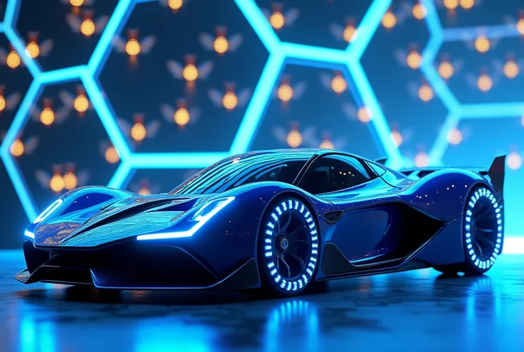 cool neon blue sports car on the background of figures in the form of honeycombs of bees