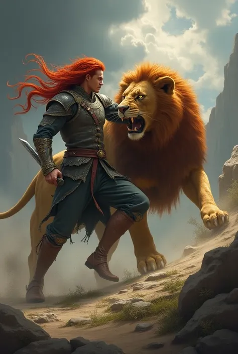 Red-haired prince, Yellow eyes fighting a lion 