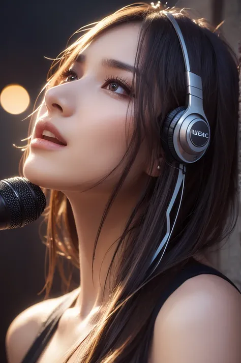 beautiful woman singer with AI-generated music, detailed face, long hair, singing in front view, closeup, cinematic lighting, photorealistic, highly detailed, 8k, (best quality:1.2), (realistic:1.37), digital art, hyperrealistic, dramatic lighting, express...