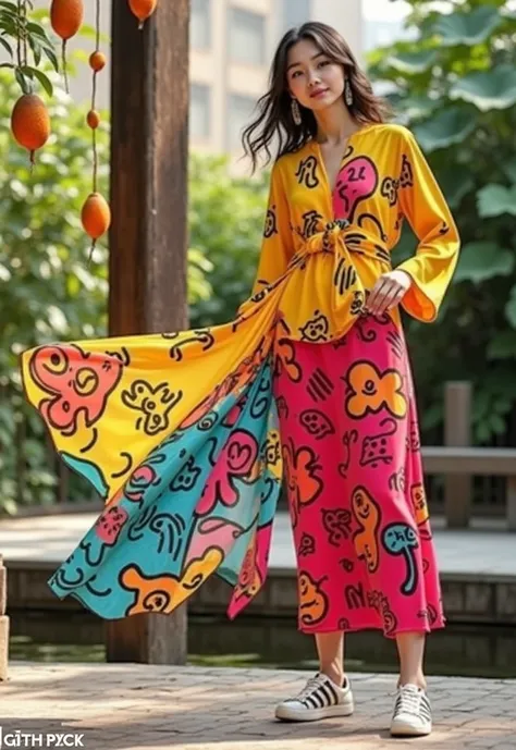  2025 Spring and Autumn Loose Shirt Dress Art Design， Keith Haring Street Graffiti Pattern Style ， Super Beautiful Girl Model Mangosteen and Hanging Lotus Form ，British Vivienne Westwood Clothing Style ，Chiffon fabric ， high quality fabric ，--Aspect Ratio ...