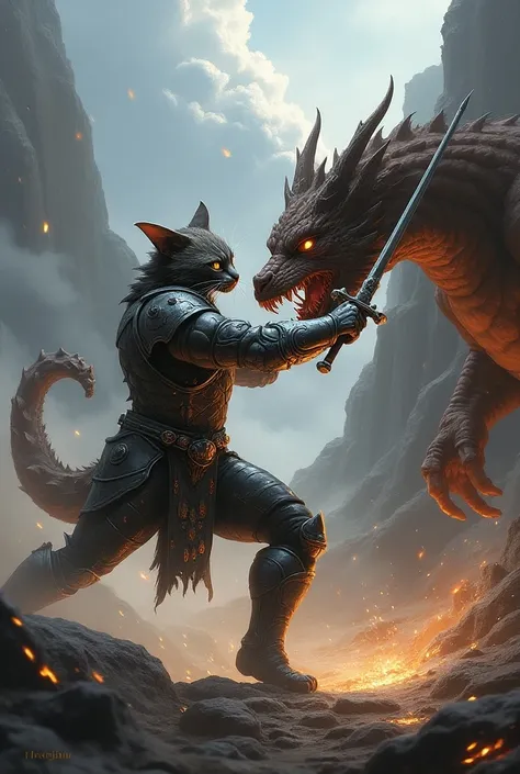 Make an image of a cat with swords and armor fighting a dragon in a battle in the center that says v18cd